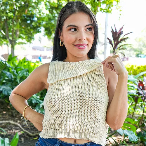 Blusa tejida con cuello de solapa talla única